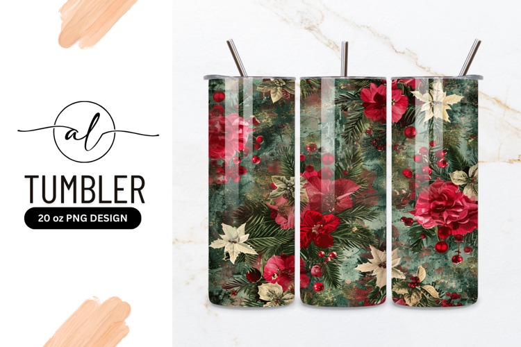 Christmas Floral Pattern with Red Poinsettias Berries