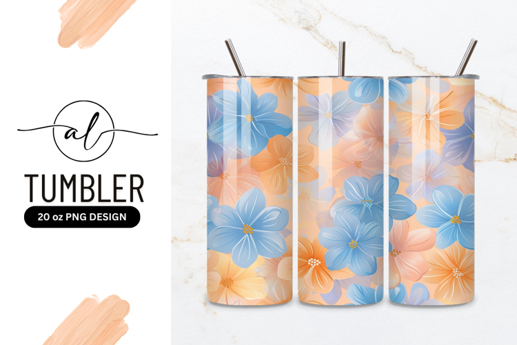 Floral Pattern with Blue Orange and Peach Flowers on Peach