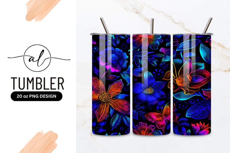 Neon Floral Pattern with Butterflies and Leaves on Black
