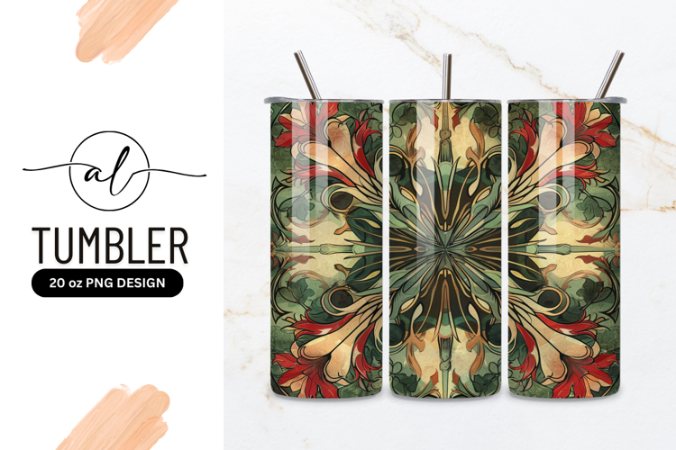 Symmetrical Floral Pattern in Green Red and Beige with Leafy