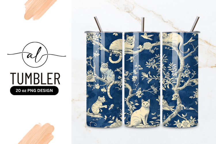 Blue and White Cats on Branches with Floral and Bird Element