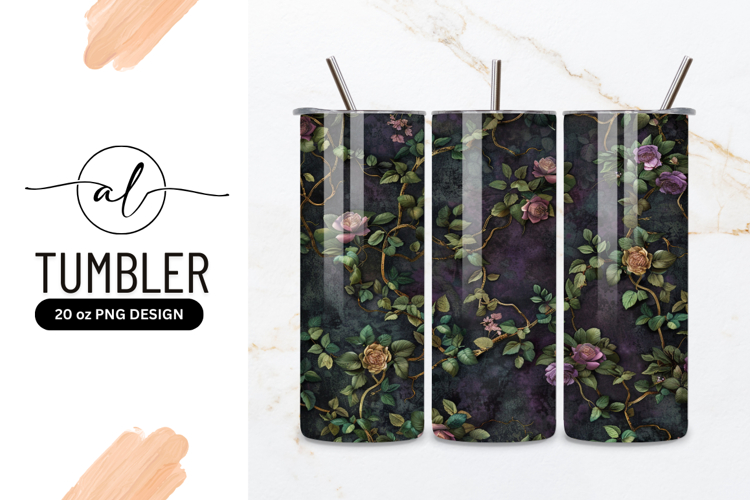 Floral Pattern with Roses Vines and Green Leaves on a Dark