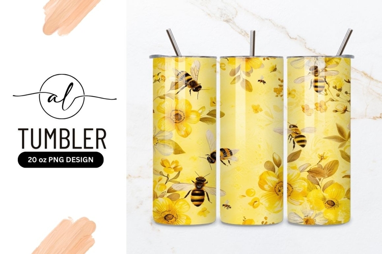 Bright yellow bee and flower tumbler design