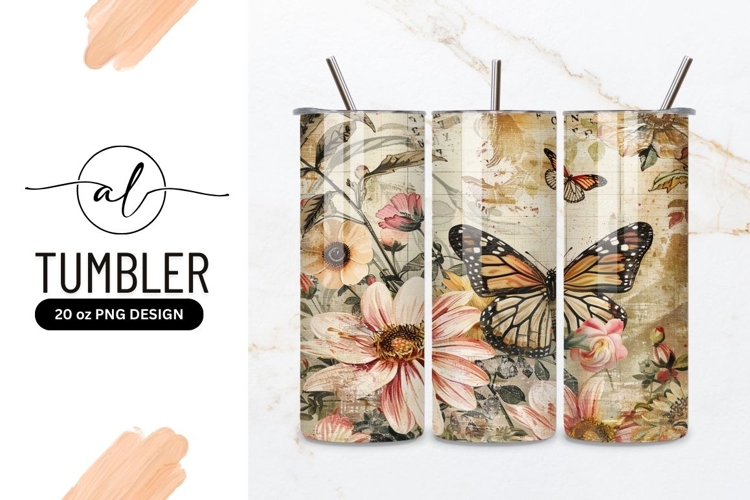 Vintage floral butterfly tumbler design