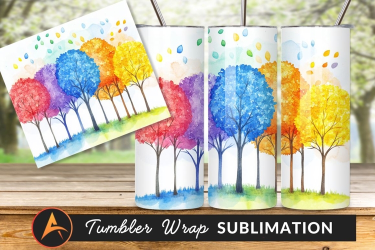 Colorful Trees Watercolor Illustration Tumbler Png