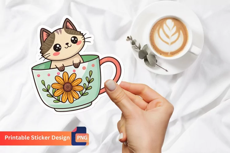 Cat In The Cup And Flower Sticker, Cat Themed Party Sticker