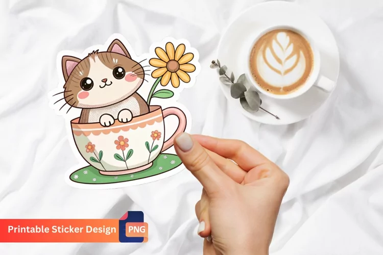 Cat In The Cup And Flower Sticker, Cat Themed Party Sticker