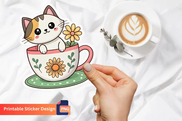 Cat In The Cup And Flower Sticker, Cat Themed Party Sticker