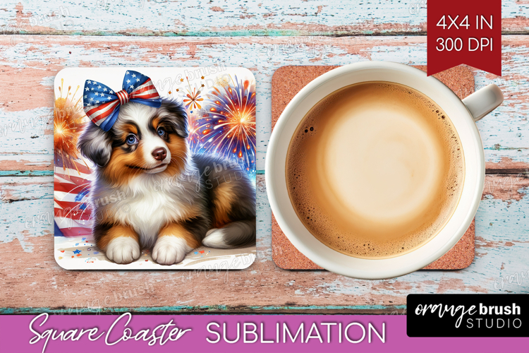 Australian Shepherd Dog Square Coaster Patriotic Dog Coaster