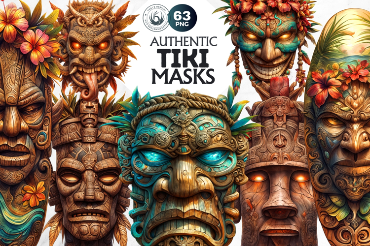 Tiki Mask Clipart Set, Polynesian Art, Tiki bar, hawaiian example image 1