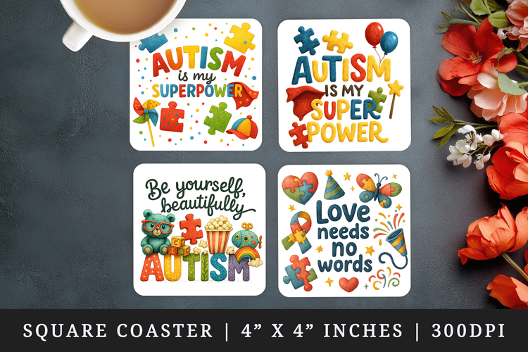 Autism Awareness square coaster sublimation, coasters design