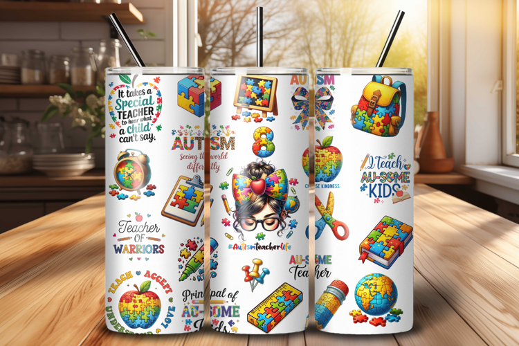 Autism Teacher 20 oz Tumbler Wrap PNG Sublimation Design