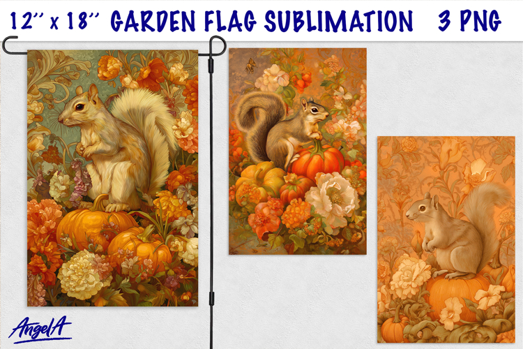 Autumn garden flag sublimation, vintage animal squirrel PNG