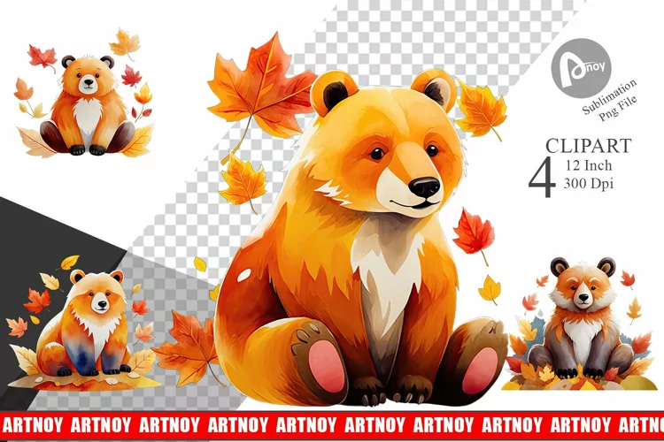 Autumn Bear Watercolor Clipart