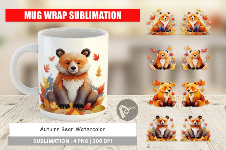 Mug Wrap Design Autumn Bear Watercolor example image 1