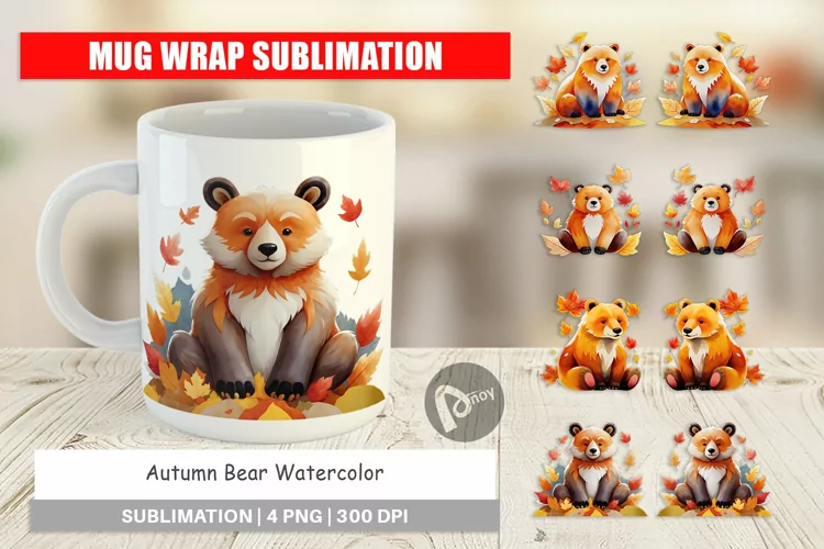 Mug Wrap Design Autumn Bear Watercolor
