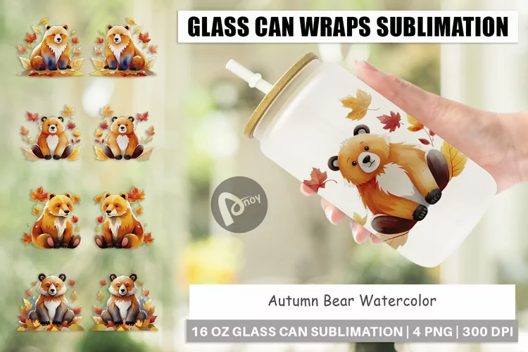 Glass Can Wraps Autumn Bear Watercolor