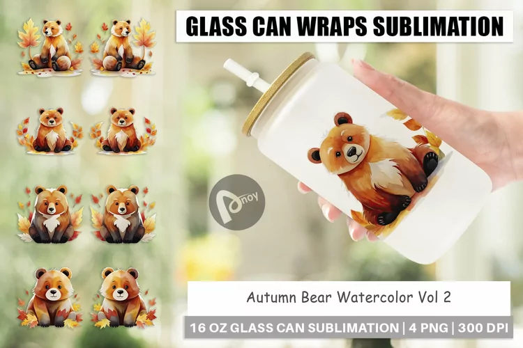 Glass Can Wraps Autumn Bear Watercolor
