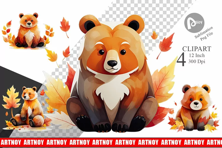 Autumn Bear Watercolor Clipart