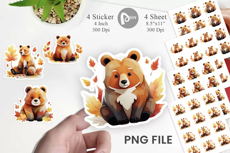 Autumn Bear Watercolor Sticker