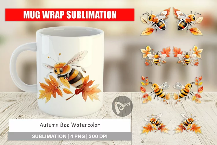 Mug Wrap Design Autumn Bee Watercolor