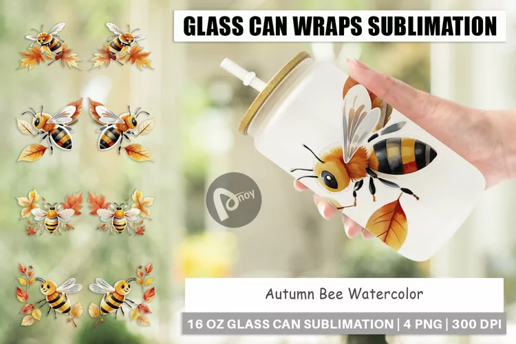 Glass Can Wraps Autumn Bee Watercolor