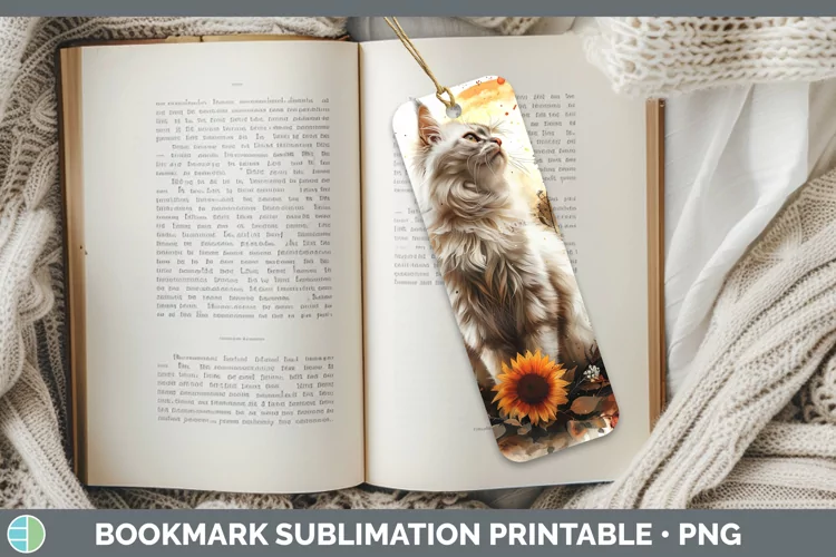 Autumn Boho White Cat Bookmark Sublimation Printable Designs