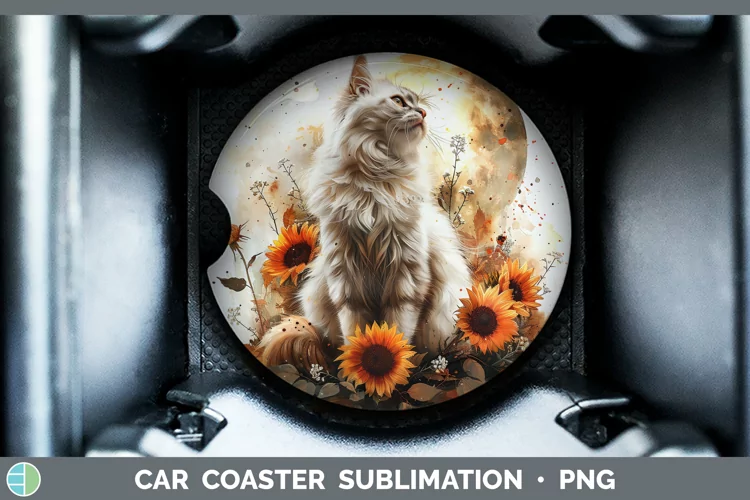 Autumn Boho White Cat Car Coaster Sublimation Coaster Design