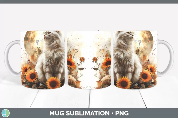 Autumn Boho White Cat Mug Wrap Sublimation Coffee Cup Design