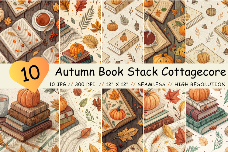 Autumn Book Stack Cottagecore Digital Paper, Seamless