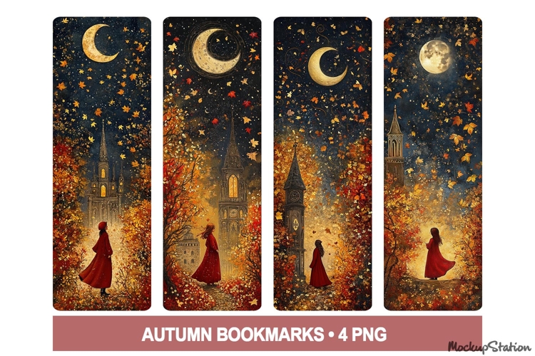 Autumn Moon Bookmarks with Falling Leaves Printable PNG