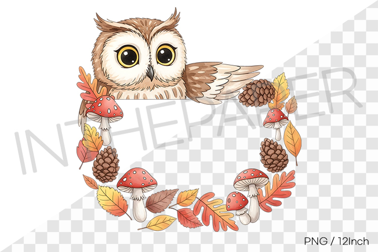 Owl Autumn Pinecone Horizontal PNG fall Clipart Illustration