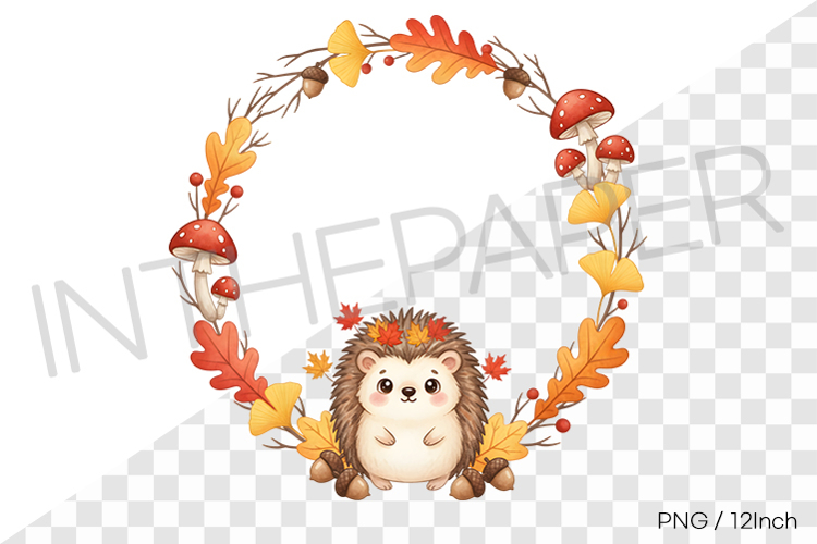 Hedgehog Autumn Maple Round PNG fall Clipart Illustration