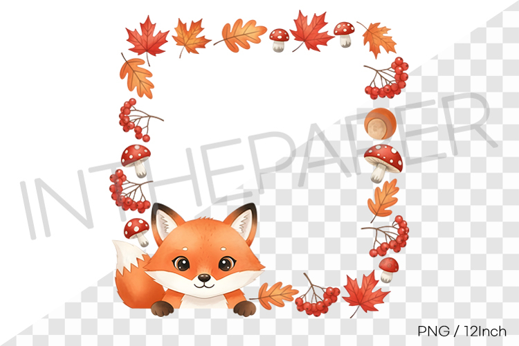 Baby Fox Maple Leaf Square PNG fall Clipart Illustration