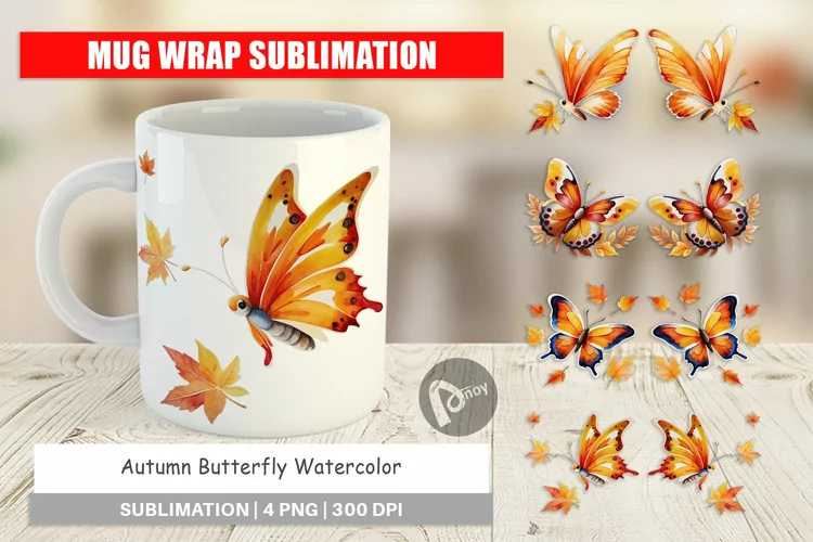 Mug Wrap Design Autumn Butterfly Watercolor