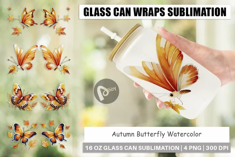 Glass Can Wraps Autumn Butterfly Watercolor