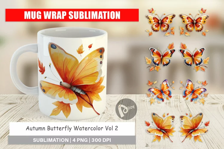 Mug Wrap Design Autumn Butterfly Watercolor