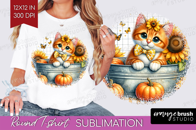 Cute Kitten Round Tshirt Background - Autumn Cat PNG