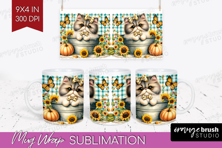 Cute Kitten Mug Wrap - Autumn Cat Mug PNG Sublimation