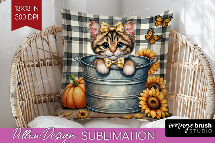 Cute Kitten Pillow Sublimation - Autumn Cat Pillow Cover PNG