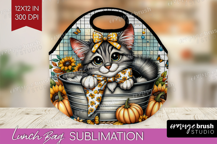 Cute Kitten Lunch Bag - Autumn Cat Lunch Bug PNG Sublimation