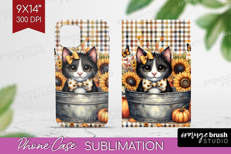 Cute Kitten Phone Case PNG - Autumn Cat Case PNG Sublimation