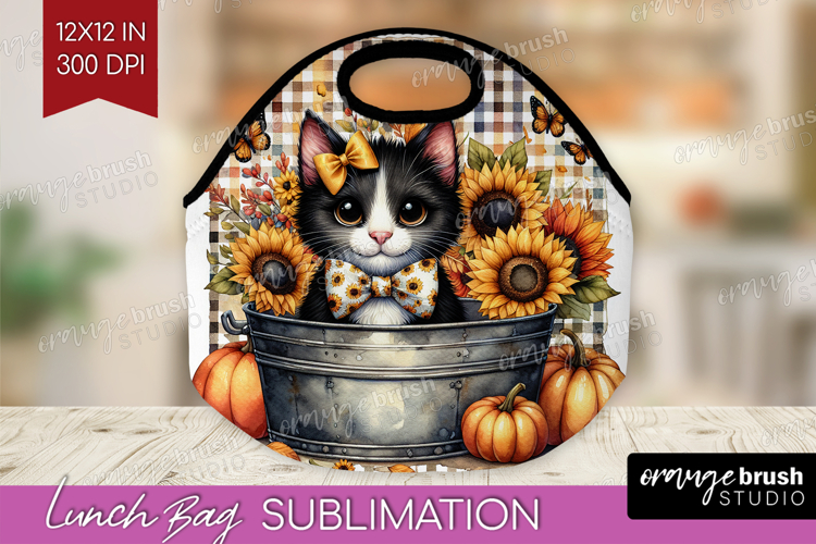 Cute Kitten Lunch Bag - Autumn Cat Lunch Bug PNG Sublimation