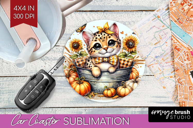 Cute Kitten Car Coaster - Autumn Cat Coaster PNG Sublimation