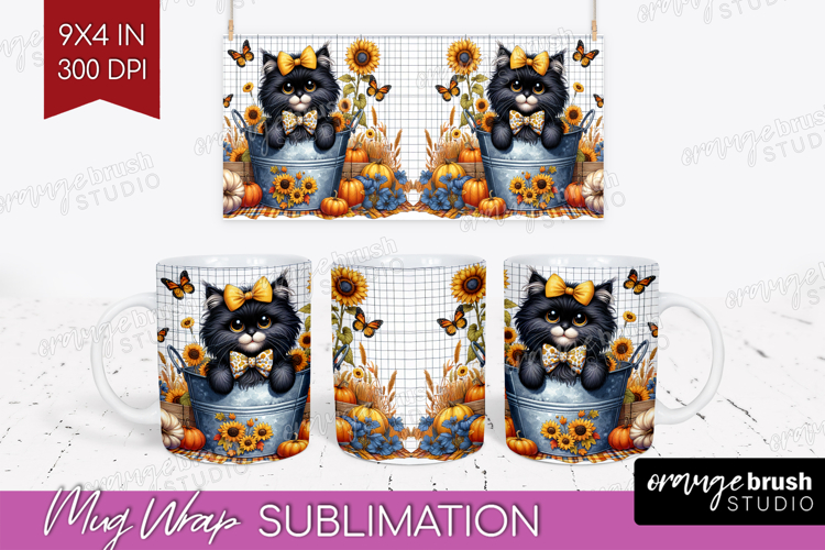 Cute Kitten Mug Wrap - Autumn Cat Mug PNG Sublimation
