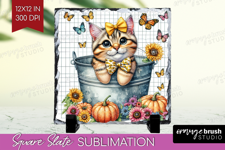Cute Kitten Slate PNG - Autumn Cat Square Slate Sublimation