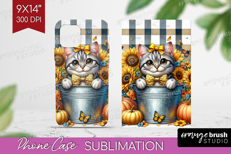 Cute Kitten Phone Case PNG - Autumn Cat Case PNG Sublimation