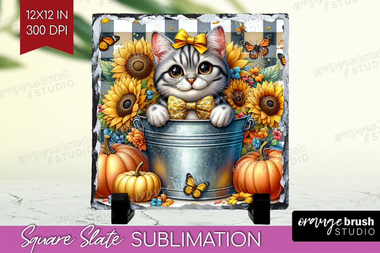 Cute Kitten Slate PNG - Autumn Cat Square Slate Sublimation