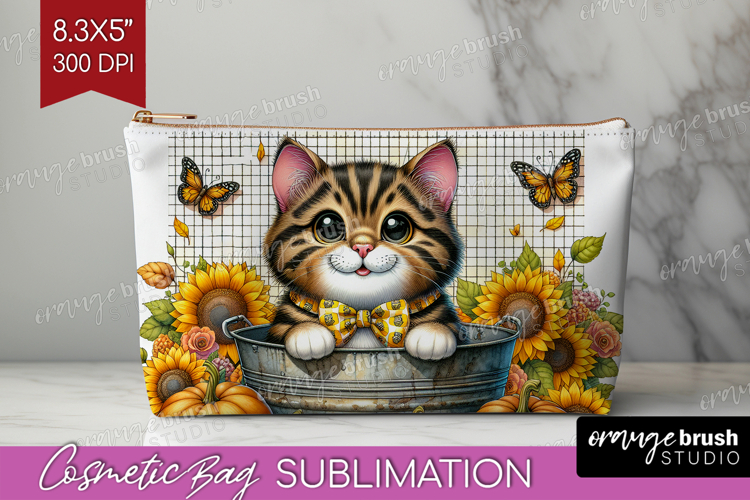 Cute Kitten Cosmetic Bag - Autumn Cat Makeup Bag PNG