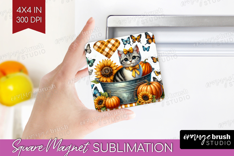 Cute Kitten Magnet Sublimation - Autumn Cat Square Magnet